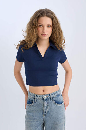 DeFacto Fitted Polo Yaka Basic Düz Fitilli Kaşkorse Kısa Kollu Tişört A0379AX25SMNV241