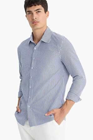 Okula Dönüş Modern Fit Polo Yaka Çizgili Krinkıl Uzun Kollu Gömlek