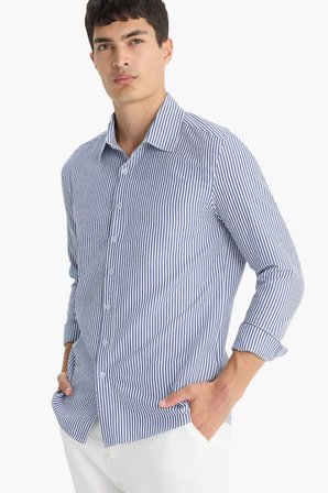 DeFacto Modern Fit Polo Yaka Çizgili Krinkıl Uzun Kollu Gömlek D6003AX25AUWT34