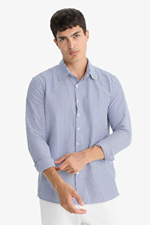 Okula Dönüş Modern Fit Polo Yaka Çizgili Krinkıl Uzun Kollu Gömlek