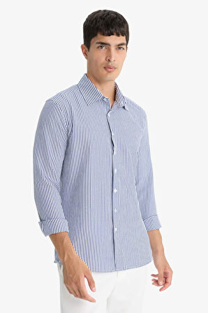 Okula Dönüş Modern Fit Polo Yaka Çizgili Krinkıl Uzun Kollu Gömlek