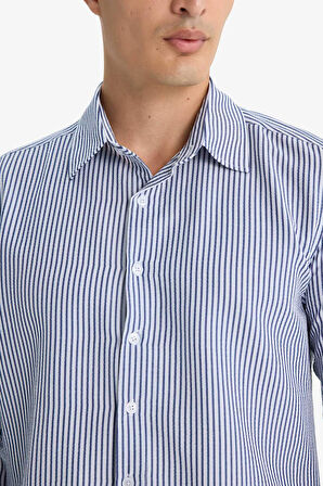 Okula Dönüş Modern Fit Polo Yaka Çizgili Krinkıl Uzun Kollu Gömlek