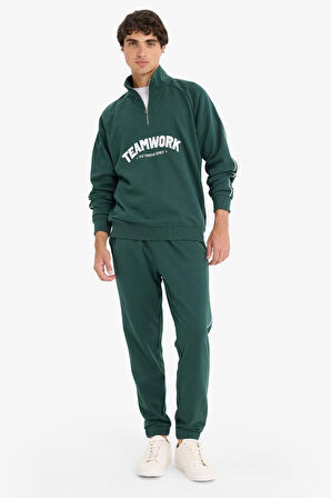 Boxy Fit Dik Yaka Fermuarlı Baskılı Sweatshirt 