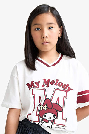 Kız Çocuk Hello Kitty Oversize Geniş Kalıp V Yaka Kısa Kollu Tişört