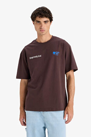 Boxy Fit Bisiklet Yaka Baskılı Kısa Kollu Tişört