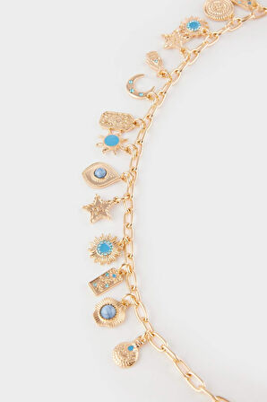 Kadın Mavi Taşlı Charmlı Bel Zinciri