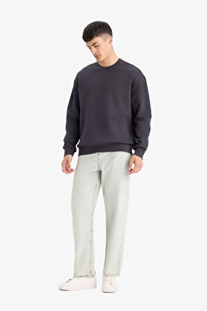 Relax Fit Bisiklet Yaka Kalın İçi Yumuşak Tüylü Basic Düz Sweatshirt