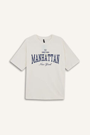 Oversize Geniş Kalıp Bisiklet Yaka Baskılı Kısa Kollu Tişört