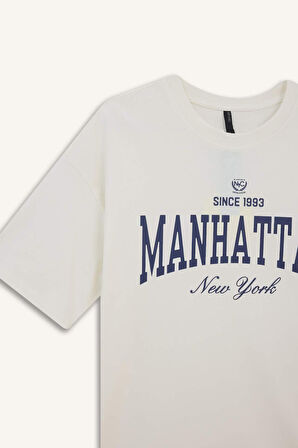 Oversize Geniş Kalıp Bisiklet Yaka Baskılı Kısa Kollu Tişört