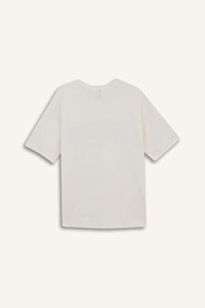 Oversize Geniş Kalıp Bisiklet Yaka Baskılı Kısa Kollu Tişört