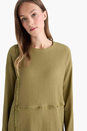 Relax Fit Bisiklet Yaka Bürümcük Uzun Kollu Tişört