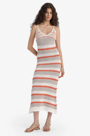 DeFacto Slim Fit Dar Kesim Desenli V Yaka Kroşe Kolsuz Triko Maxi Elbise F7087AX25SMOG269
