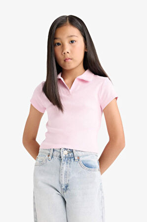 Kız Çocuk Slim Fit Dar Kesim Polo Yaka Fitilli Kaşkorse Kısa Kollu Tişört