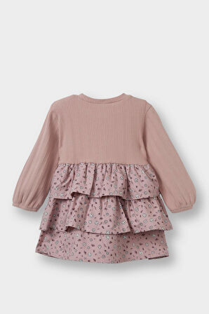 Kız Bebek Çiçekli Uzun Kollu Fitilli Kaşkorse Elbise