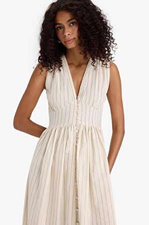 V Yaka Çizgili Poplin Kolsuz Midi Elbise