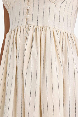 V Yaka Çizgili Poplin Kolsuz Midi Elbise