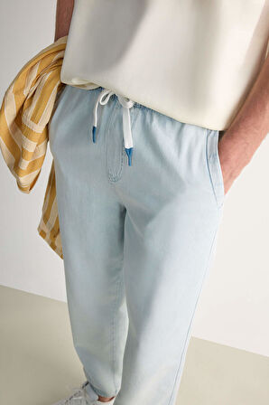 %100 Pamuk Wide Leg Fit Geniş Kalıp Normal Bel Beli Lastikli Geniş Paça Yazlık Jean Pantolon