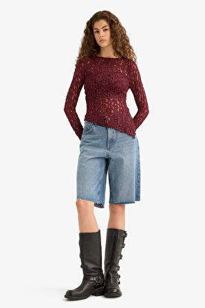 Asimetrik Kayık Yaka Dantel Uzun Kollu Bluz