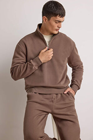 Regular Fit Dik Yaka Yarım Fermuarlı İçi Yumuşak Tüylü Basic Düz Sweatshirt