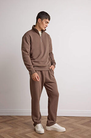 Regular Fit Dik Yaka Yarım Fermuarlı İçi Yumuşak Tüylü Basic Düz Sweatshirt