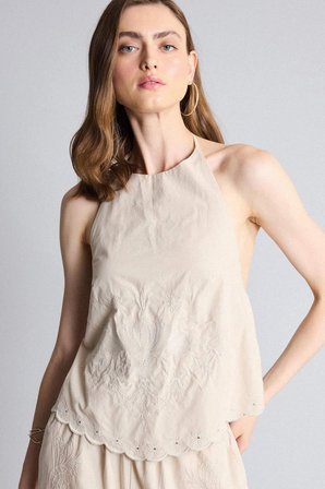 DeFacto Regular Fıt Halter Yaka Brode Kolsuz Bej Bluz H0475AX26HSBG74