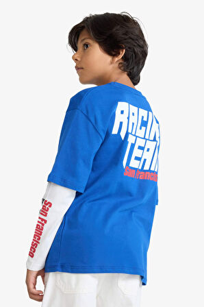 Erkek Çocuk Oversize Geniş Kalıp Bisiklet Yaka Sırt Baskılı Uzun Kollu Tişört