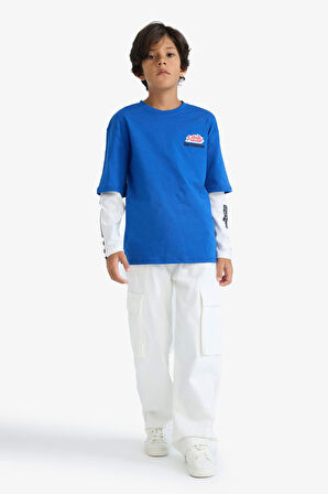 Erkek Çocuk Oversize Geniş Kalıp Bisiklet Yaka Sırt Baskılı Uzun Kollu Tişört