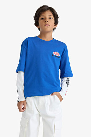 Erkek Çocuk Oversize Geniş Kalıp Bisiklet Yaka Sırt Baskılı Uzun Kollu Tişört