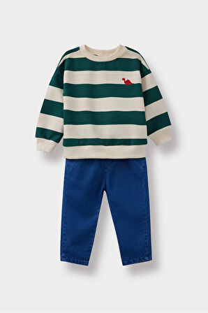 Erkek Bebek 2'li Takım Çizgili Sweatshirt Jean Pantolon