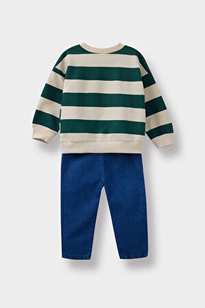 Erkek Bebek 2'li Takım Çizgili Sweatshirt Jean Pantolon