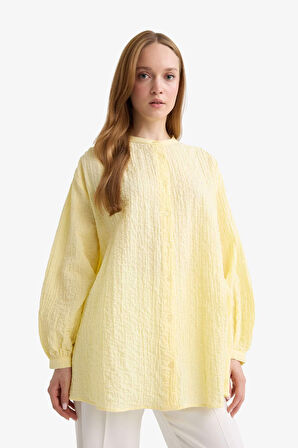 Relax Fit Bisiklet Yaka Gofre Dokulu Uzun Kollu Tunik