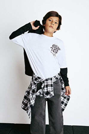 Erkek Çocuk Oversize Geniş Kalıp Bisiklet Yaka Baskılı Uzun Kollu Tişört