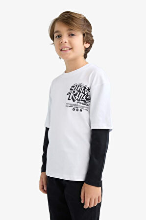 Erkek Çocuk Oversize Geniş Kalıp Bisiklet Yaka Baskılı Uzun Kollu Tişört