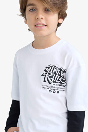 Erkek Çocuk Oversize Geniş Kalıp Bisiklet Yaka Baskılı Uzun Kollu Tişört