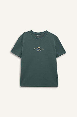 Boxy Fit Bisiklet Yaka Baskılı Kısa Kollu Tişört