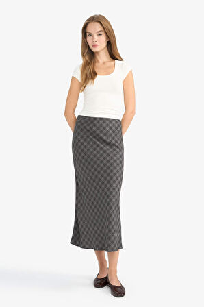 A Form Kareli Yüksek Bel Viskon Midi Etek