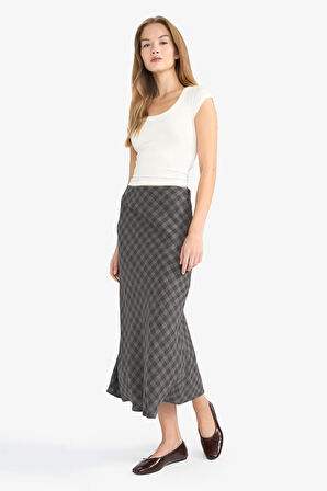 A Form Kareli Yüksek Bel Viskon Midi Etek