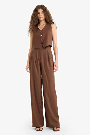 Wide Leg Çift Cepli Yüksek Bel Standart Boy Keten Karışımlı Pantolon