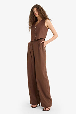 Wide Leg Çift Cepli Yüksek Bel Standart Boy Keten Karışımlı Pantolon