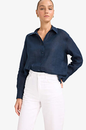 %100 Keten Oversize Geniş Kalıp Basic Düz Pembe Uzun Kollu Gömlek