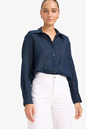 %100 Keten Oversize Geniş Kalıp Basic Düz Pembe Uzun Kollu Gömlek