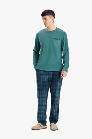 Pijama Takımı Polar Uzun Kollu Üst Kareli Uzun Alt