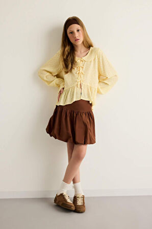 Kız Çocuk Önden Bağlamalı Desenli Uzun Kollu Bluz