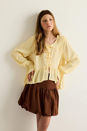 Kız Çocuk Önden Bağlamalı Desenli Uzun Kollu Bluz