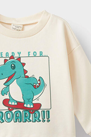 Erkek Bebek Bisiklet Yaka Dinozor Baskılı İçi Yumuşak Tüylü Sweatshirt