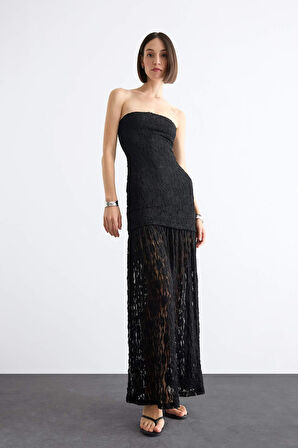 Slim Fit Dantel Maxi Siyah Etek