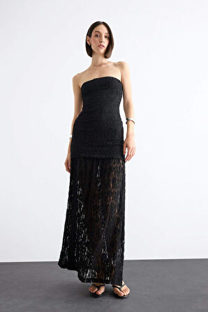 Slim Fit Dantel Maxi Siyah Etek