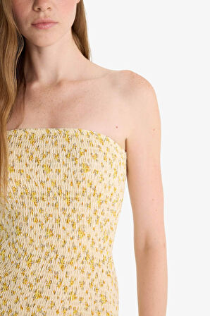 Straplez Floral Kolsuz Mini Elbise