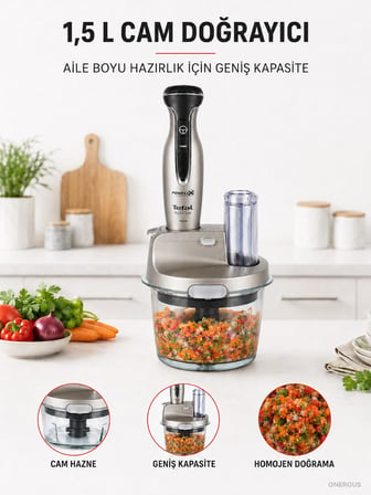 Tefal 1500 W Güçlü El Blender Seti, 4 Paslanmaz Çelik Bıçak, 1,5 L Cam Doğrayıcı