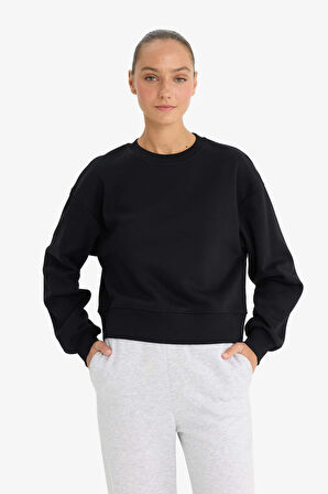 Boxy Fit Bisiklet Yaka Basic Düz Sweatshirt